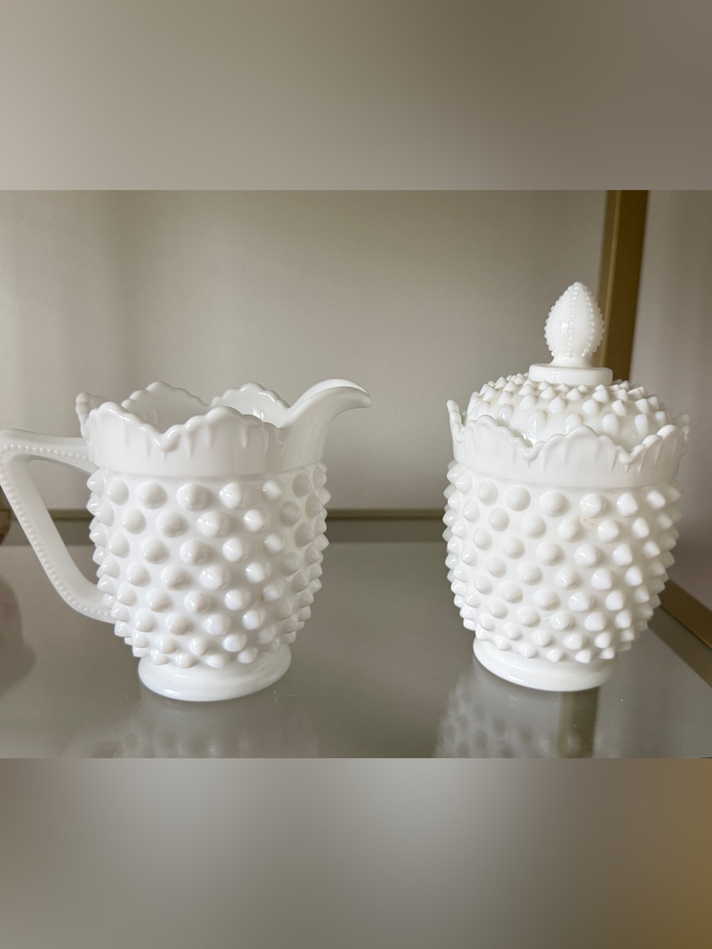 Fenton White Hobnail Milk Glass Sugar Bowl lidded and Creamer Set (large) gorgeo